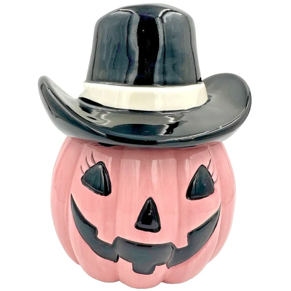 Pink Pumpkin Cowboy Hat Cookie Jar Ceramic Halloween Decor Pinkoween